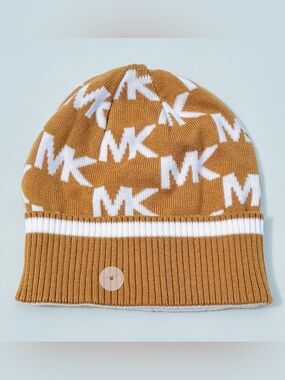 Michael Kors MK Logo Beanie Hat Camel White Knit Winter Designer Monogram Preppy